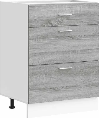 A three-drawer kitchen base cabinet with a gray wood grain finish and white sides, shown from the front.