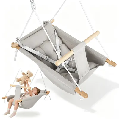 Imagen del producto de Cuna de bebé de madera 3 en 1, con cinturón de seguridad, cojín de algodón, ajustable, para niños de 6 a 36 meses