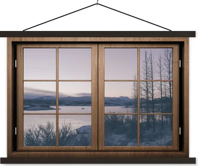 Produktbild von MuchoWow® Textilposter Aussicht - Sonnenuntergang - Berg 60x40 cm mit schwarzem Rahmen - Hölzernes