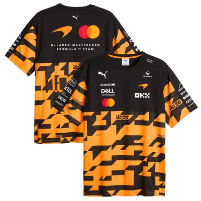 Produktbild von McLaren F1 Team T-Shirt 1000th GP von Puma, Offizieller Fanartikel, Orange-schwarzes Shirt mit Sponsor-Logos und Allover-Print, 100% Baumwolle