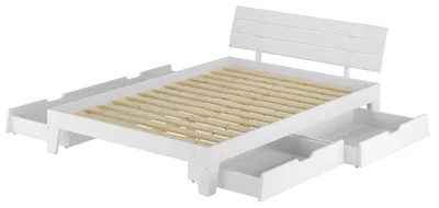 Produktbild von Weißes zeitloses Doppelbett 160x200 Kiefer massiv weiß mit Stauraum Zubehör wählbar V-60.54S8-16WRollrost inkl.