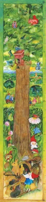 A whimsical illustration of a tree with various creatures and elements around its base and branches, resembling a height chart.
