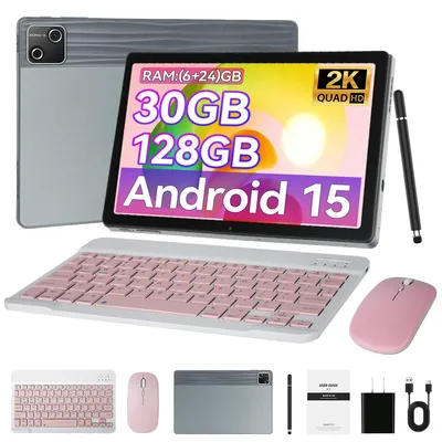 Produktbild von Tablet 10 Zoll HD-Display mit Tastatur Maus Stift, 30 GB RAM, 128 GB, Android 15, 6200 mAh, Wi-Fi 6, BT 5.4, Widevine L1, Dual-Kamera, Grau
