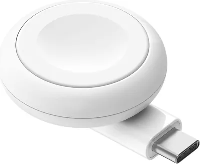 A white Apple Watch charger with a USB-C connector.