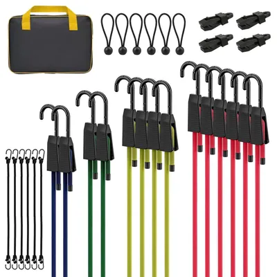 Immagine prodotto di Set di accessori da 30 pezzi, con ganci, regolabile da 60 a 150 cm, gommini sferici, clip per teloni e sacca portaoggetti