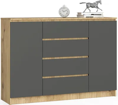 Zdjęcie produktu dla Komoda AKORD K140 Dąb Artisan 138 cm 2 drzwi 4 szuflady kolor Grafit Szary mat 4 półki 138x40x99 cm