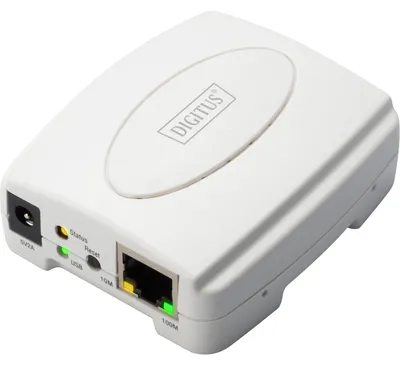 Zdjęcie produktu dla Digitus Serwer druku Fast Ethernet, USB 2.0, Biały, Tajwan, Ethernet LAN, IEEE 802.3, IEEE 802.3u, 10,100 Mbit/s, TCP/IP, IPX/SPX, NetBEUI, AppleTalk,