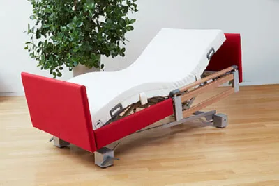 An adjustable hospital bed with a red frame and white mattress is shown in a room with wooden flooring and a large green plant in the background.