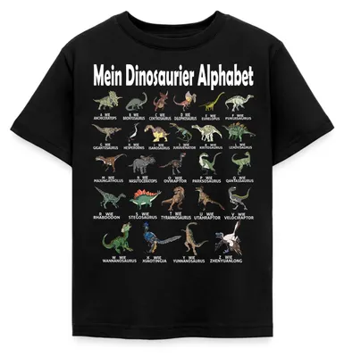 Produktbild von Spreadshirt Dinosaurier Alphabet Schulanfang Kinder T-Shirt, 110/116 (5-6 Jahre), Schwarz