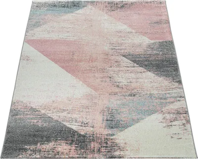 Produktbild von Teppich Wohnzimmer Grau Weiß Rosa Pastell Dreieck Muster Vintage Design Kurzflor Grösse 160x230 cm