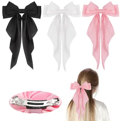 Produktbild von 3-teiliges Haarschleifen-Set, Haarspangen für Damen, große Haarspangen mit Unterteilclips, Metallhaarschleifen als Geschenk – schwarz, weiß, rosa