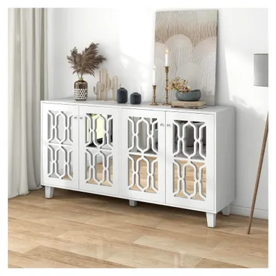 Produktbild von Weißes, verspiegeltes Sideboard mit Kristallgriffen für Wohn- und Esszimmer (160 x 40 x 84 cm)