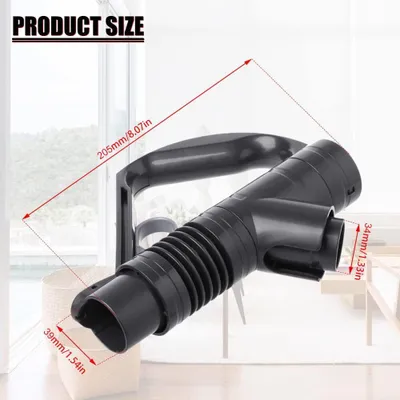 A close-up of a vacuum cleaner handle with size measurements indicated by red lines and text.