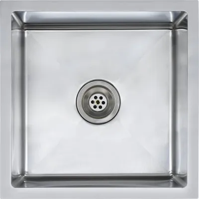 A top-down view of a stainless steel kitchen sink with a drain in the center.