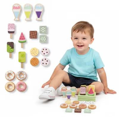 Produktbild von Holz Süßigkeiten-Set für Kaufladen, 19-teilig, pastellfarben, Konditorei-Spielzeug für Kinder ab 3 Jahren
