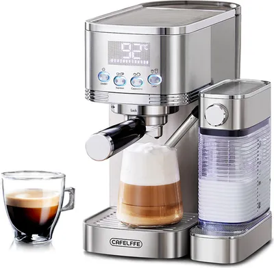 Produktbild von Elektrische Kaffeemaschine mit Milchaufschaeumsystem, 3 Temperaturen einstellbar, 20 Bar, Vorbruehkaffeemaschine mit selbstreinigender Dampfduese, 1300 ml Wassertank, abnehmbarer 700 ml Milchtank, kompatibel mit 51 mm Siebtraeger, fuer Einzel- und Doppeltassen, Latte, Espresso, Cappuccino