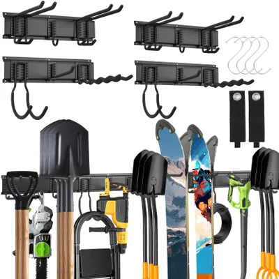 Image de Support mural pour outils de jardinage, support mural de rangement pour garage de 162 cm, support mural pour skis, support mural robuste comprenant 12 fixations murales et 4 crochets pour outils de jardinage, skis, balais et pelles à feuilles