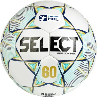 A white handball with blue, gold, and teal accents, featuring brand logos and text.