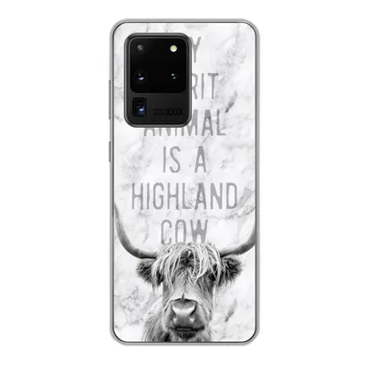 Produktbild von MuchoWow® Handyhülle Schutzhülle Hülle für Samsung Galaxy S20 Ultra Schottischer Highlander - Marmor - Zitat Silikon Softcase Handy Hülle - Karteninhaber