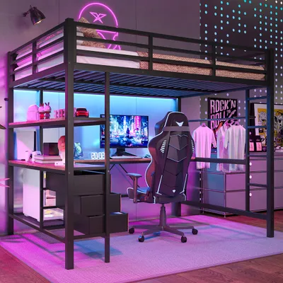 Image de Sweiko lit mezzanine 140x200cm, avec lumière d'ambiance, bureau, prise électrique + USB, 3 tiroirs, étagères, rampe, escalier, sans matelas, noir