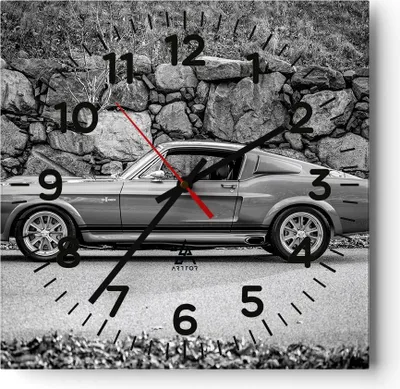 Produktbild von Wanduhr - Quadrat - Glasuhr - Auto Ford Mustang - 40x40cm - Schleichendes Uhrwerk - Lautlos - zum Aufhängen bereit - Dekoration Modern - Wanddekoration aus Glas - C4AC40x40-5011