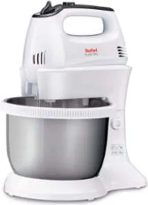 A white and silver stand mixer is shown against a white background.