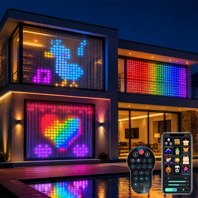 Produktbild von LED Lichterkette Vorhang Smart RGB Lichterkettenvorhang Programmierbar Lichtervorhang DIY Text Musik mit APP Steuerung Fernbedienung IP65 Wasserdicht