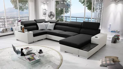 Produktbild von Wohnlandschaft in U-Form PERS IV MINI Ecksofa Eckcouch mit Schlaffunktion (Schwarz SAWANA 14 + weißes Kunstleder, Rechts)