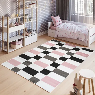 Immagine prodotto di Tappeto soggiorno camera da letto a pelo corto design moderno rosa bianco nero geometrico a quadri ÖKOTEX 140 x 200 cm