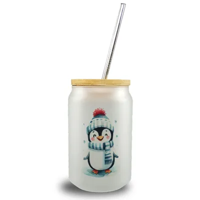 Produktbild von lustiger Pinguin Trinkglas mit Bambusdeckel
