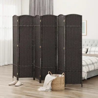 Produktbild von SUGIFT Paravent Raumteiler 6-teilig, faltbarer Sichtschutz, Raumtrennwand handgewebter Stil, Braun | 240 x 170 cm | Kiefernholz & Polypropylen
