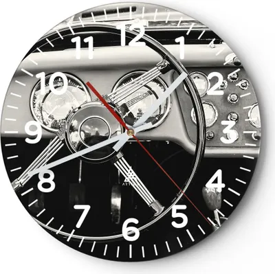 Produktbild von Wanduhr - Rund - Glasuhr - Lenkrad Auto Vintage - 40x40cm - Schleichendes Uhrwerk - Lautlos - zum Aufhängen bereit - Dekoration Modern - Wanddekoration aus Glas - C4AR40x40-4853