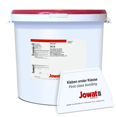 Produktbild von Jowat Jowacoll 103.70 PVAc D3 Holzleim 25 kg Set inkl. Leimspachtel – D3 Leim für Türen, Fenster, Möbelbau, Parkett & Holzwerkstoffe