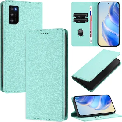 Produktbild von Litchi Leder Handyhülle für Samsung Galaxy A41 Wallet Kartenfächer Standfunktion Hülle Türkis