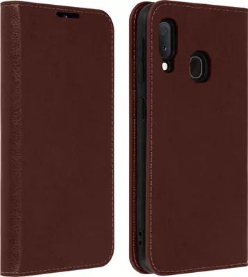 A brown leather flip case for a Samsung Galaxy A20e phone is shown from two angles.