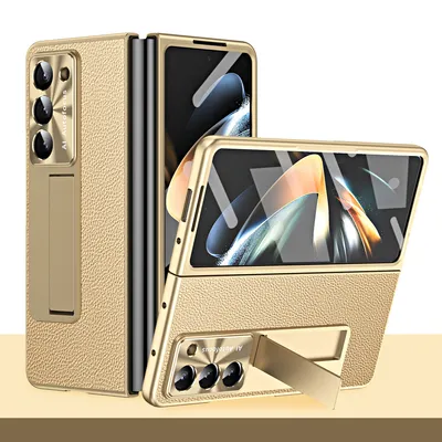 Obrázek produktu pro Pouzdro pro Samsung Galaxy Z Fold 5 Tvrdé PC pouzdro s litchi texturou, stojánkem, ochranou displeje a čočky Zlato