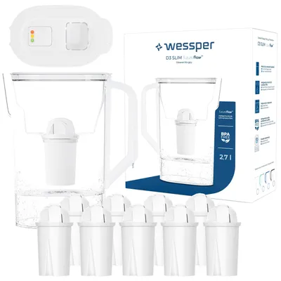 Produktbild von Wessper D3 SLIM FutureFlow™ Wasserfilterkanne 2,7 l Weiß mit Filterwechselanzeige und 10x Aquaclassic Filterkartusche