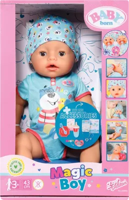 A baby doll in its packaging, with accessories shown on the side.