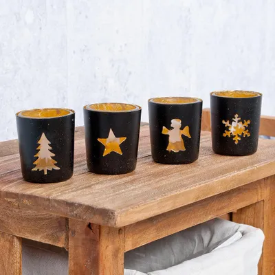 Produktbild von 4er-Teelichtset SANTA Schwarz/Gold