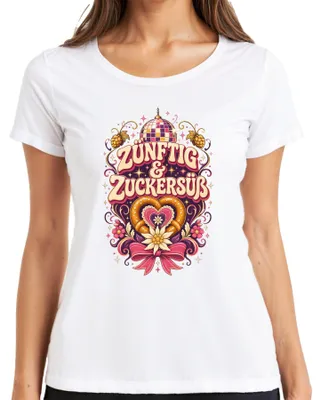 Zdjęcie produktu dla Koszulka damska, biała, rozmiar 3XL, motyw: "Zünftig & Zuckersüß", "Volksfest", "Wiesn", "Brezel", "Party", "Lederhose", "Dirndl"