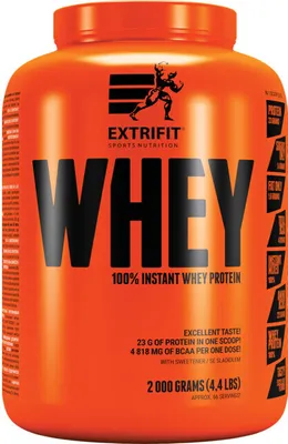 An orange tub of Extrifit 100% Whey Protein.