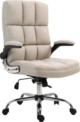 A beige office chair with a chrome base and black armrests, shown against a white background.