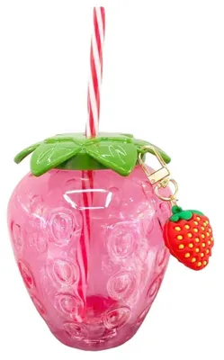 Productafbeelding van Beker met aardbeienprint, 500 ml, met deksel en rietje, roze, van PP, herbruikbaar