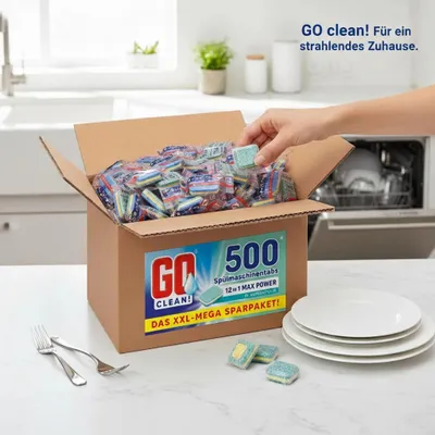 Produktbild von GO clean! Spülmaschinentabs Multi 12-in-1 MAX POWER– 10 kg ca. 500 Stück, 20g, XXL-Sparpaket in Aufreißfolie mit starker Reinigungskraft gegen Schmutz