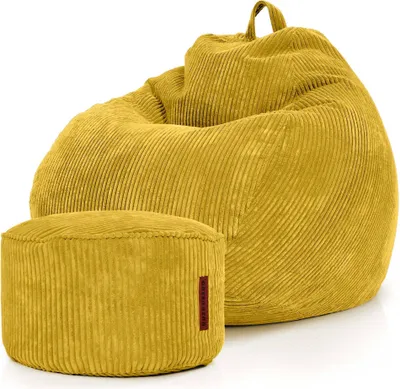 Produktbild von Green Bean® 2er Set Indoor XXL Sitzsack + Pouf mit EPS-Perlen Füllung - Fußhocker Fußkissen Hocker Bodenkissen Liegekissen Sitzkissen Lounge Chair - Gelb
