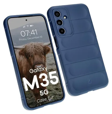 A blue phone case is shown next to a smartphone displaying a bull image and text.