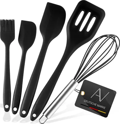 Produktbild von AVANA Küchenhelfer Set aus Silikon 5 Stück Küchenutensilien hitzebeständig Kochen antihaft Kochgeschirr Schneebesen Backpinsel Pfannenwender - Schwarz