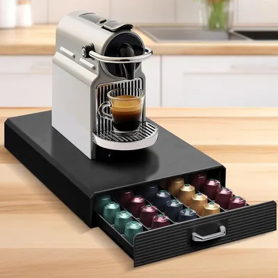 Produktbild von PolkaHome® Espressokapselhalter mit Schublade – Aufbewahrungsbox für 50 Nespresso-Kapseln, Schwarz, 38 x 23 x 6 cm