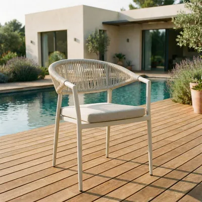 Produktbild von Gartenstühle SELI 6er Set, cremeweiß - moderne  Terrassenstühle aus Aluminium & Rope-Detail, wetterfester Balkonstuhl stapelbar mit Kissen für Garten Terrasse, Outdoor Möbel