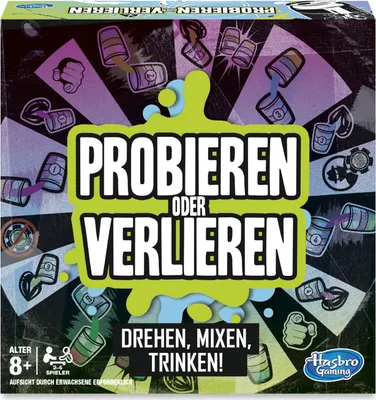 The image shows the front of a board game box. The game is called 'Probieren Oder Verlieren' and features colorful graphics of cups and liquid being poured.